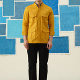Golden Trek – Linen Hunting Shirt with Hidden Placket & Leather Detailing