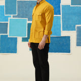 Golden Trek – Linen Hunting Shirt with Hidden Placket & Leather Detailing