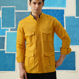 Golden Trek – Linen Hunting Shirt with Hidden Placket & Leather Detailing