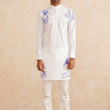 Neelvan – White Pure Silk Kurta with Blue Tropical Embroidery