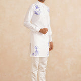 Neelvan – White Pure Silk Kurta with Blue Tropical Embroidery