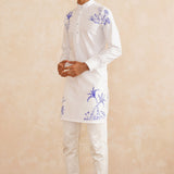Neelvan – White Pure Silk Kurta with Blue Tropical Embroidery