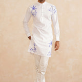 Neelvan – White Pure Silk Kurta with Blue Tropical Embroidery