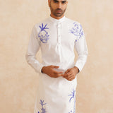 Neelvan – White Pure Silk Kurta with Blue Tropical Embroidery