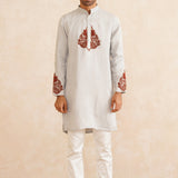 Zarbaft – Dove Grey Pure Silk Kurta with Maroon Hand Embroidery