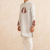 Zarbaft – Dove Grey Pure Silk Kurta with Maroon Hand Embroidery