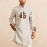 Zarbaft – Dove Grey Pure Silk Kurta with Maroon Hand Embroidery