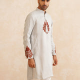 Zarbaft – Dove Grey Pure Silk Kurta with Maroon Hand Embroidery