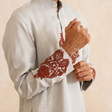 Zarbaft – Dove Grey Pure Silk Kurta with Maroon Hand Embroidery