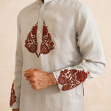 Zarbaft – Dove Grey Pure Silk Kurta with Maroon Hand Embroidery