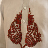 Zarbaft – Dove Grey Pure Silk Kurta with Maroon Hand Embroidery